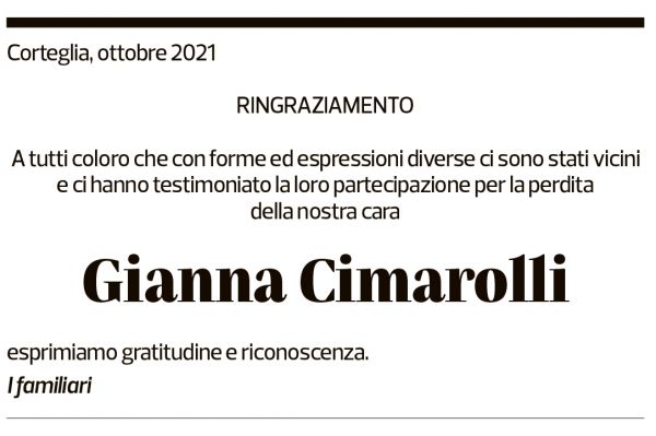 Annuncio funebre Gianna Cimarolli