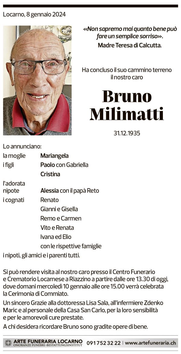 Annuncio funebre Bruno Milimatti