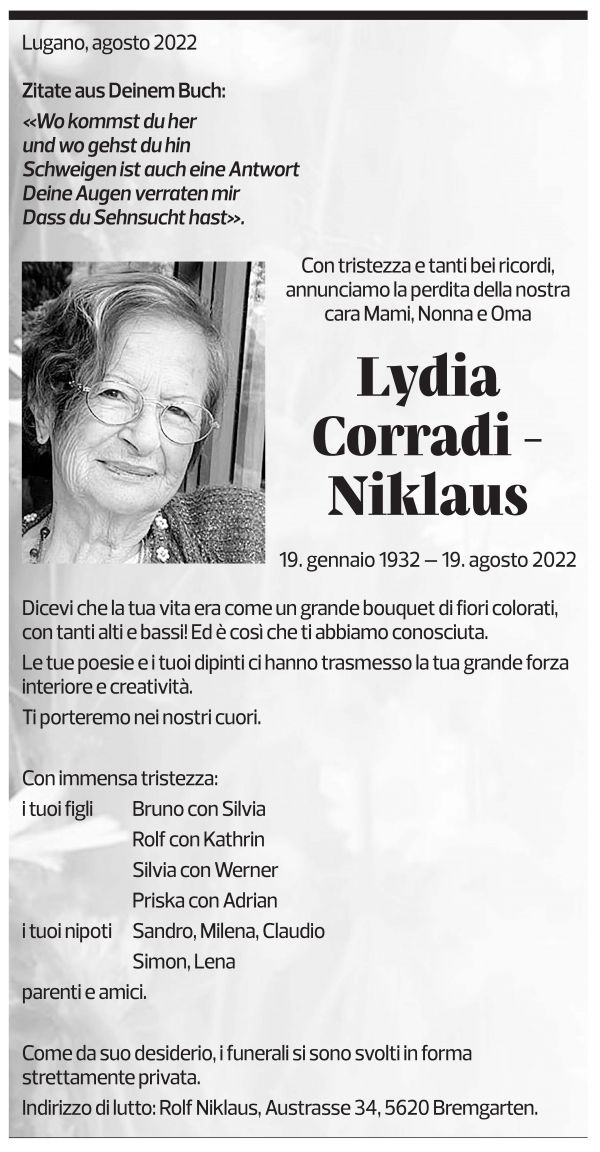 Annuncio funebre Lydia Corradi-niklaus