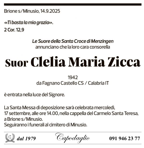 Annuncio funebre Clelia Maria Zicca