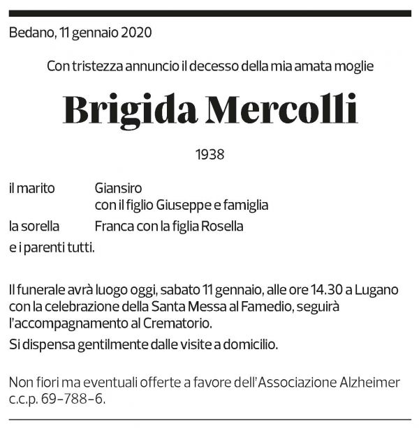 Annuncio funebre Brigida Mercolli