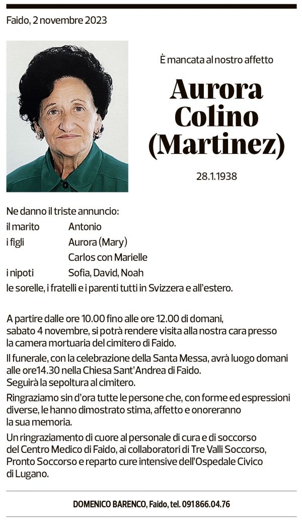 Annuncio funebre Aurora Colino Martinez