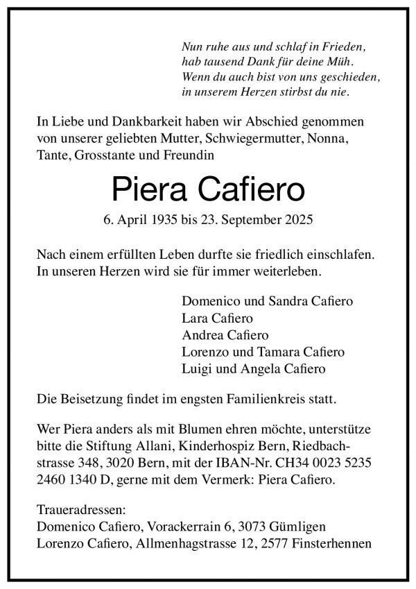 Annuncio funebre Piera Cafiero