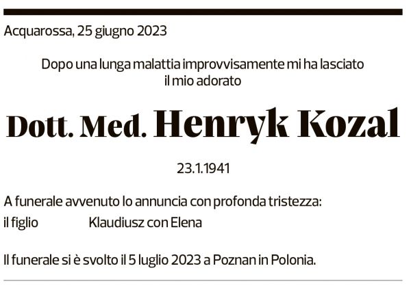 Annuncio funebre Henryk Kozal