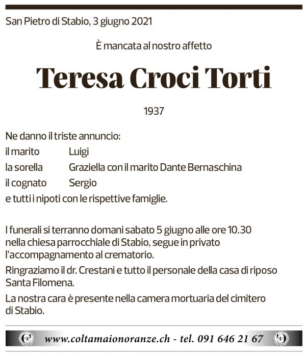 Annuncio funebre Teresa Croci Torti