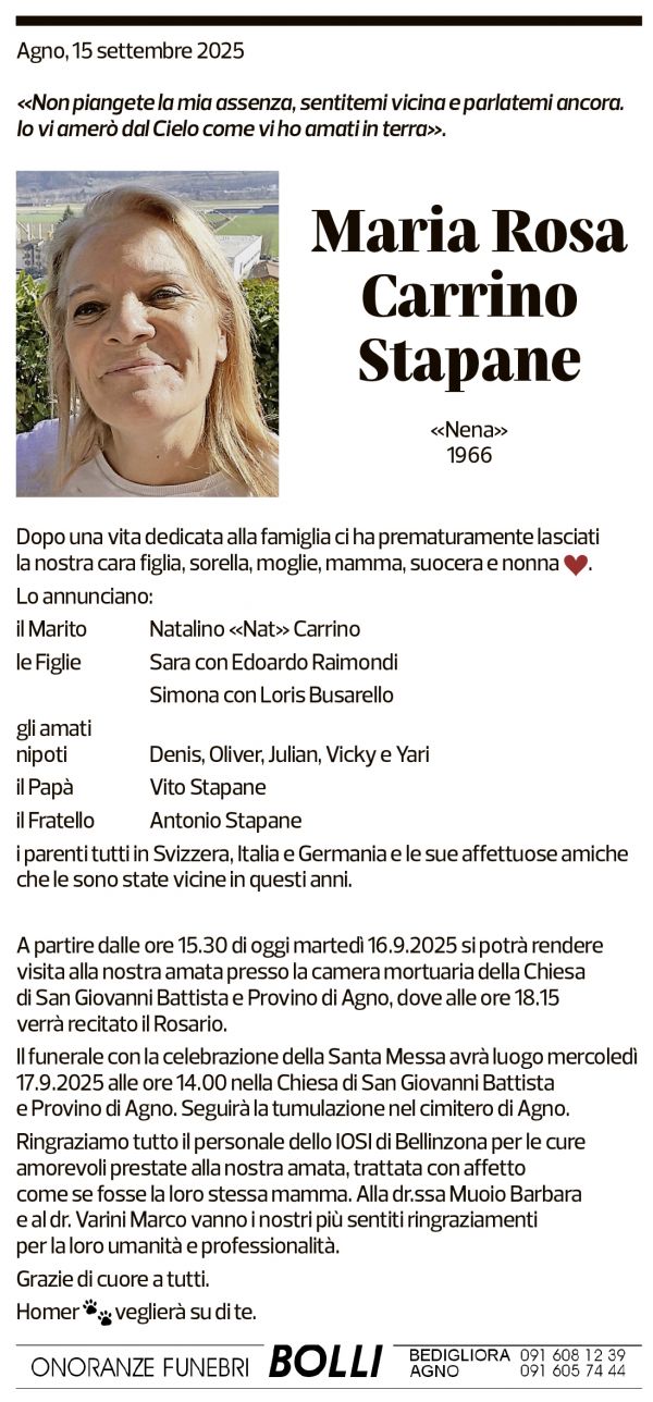 Annuncio funebre Maria Rosa Carrino Stapane