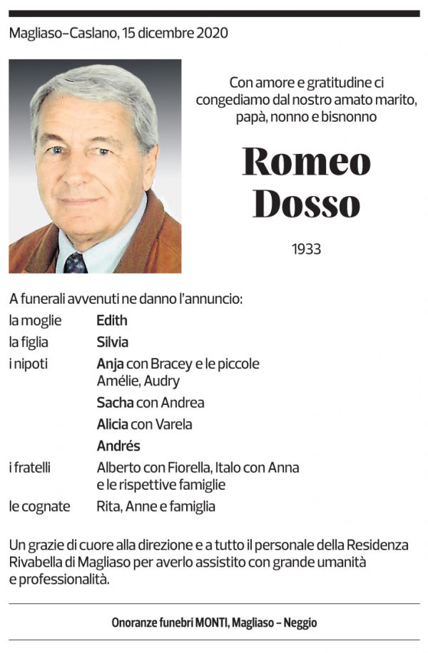 Annuncio funebre Romeo Dosso