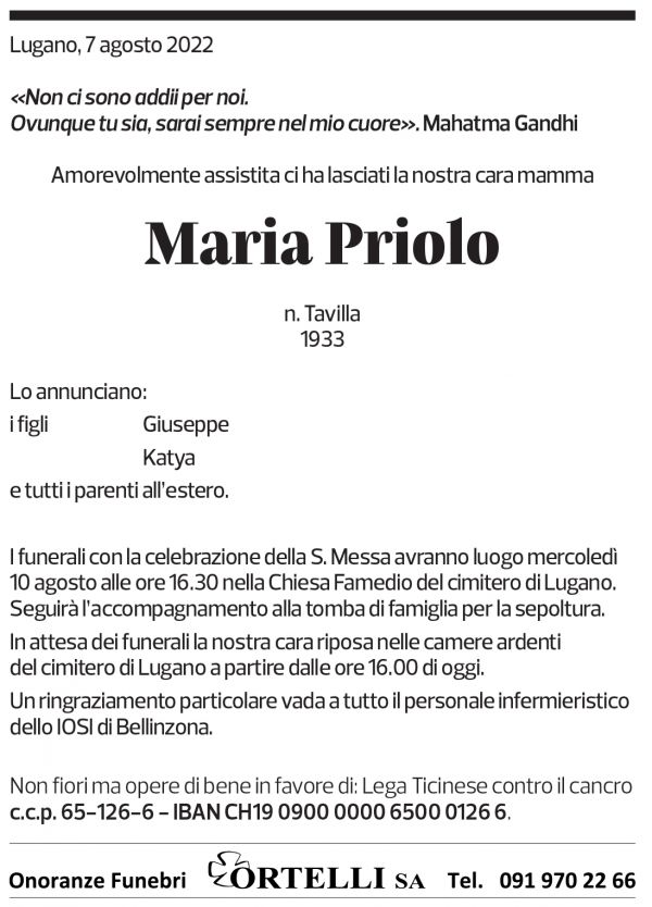 Annuncio funebre Maria Priolo