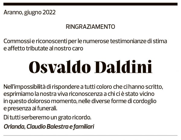 Annuncio funebre Osvaldo Daldini