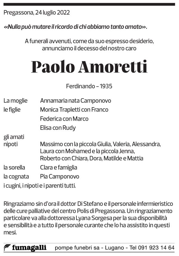 Annuncio funebre Paolo Amoretti