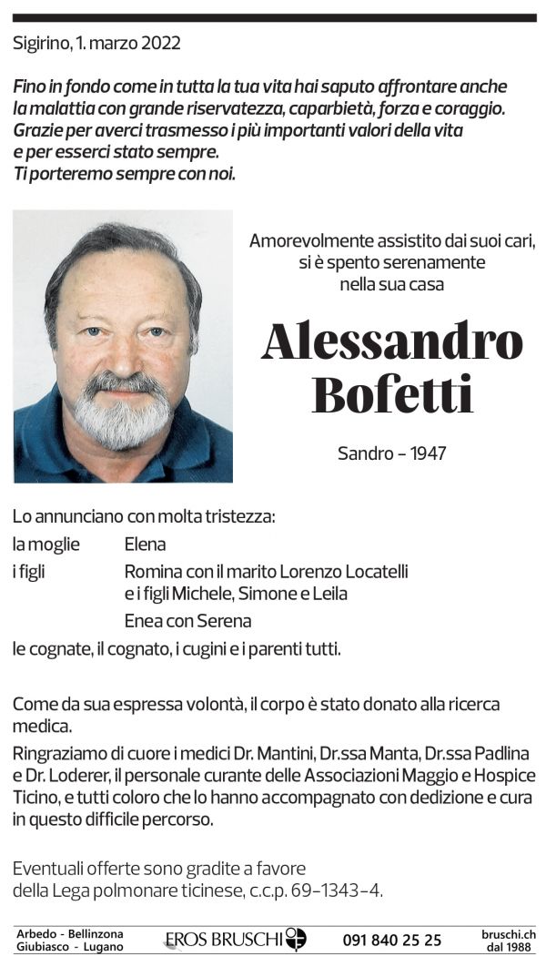 Annuncio funebre Alessandro Bofetti