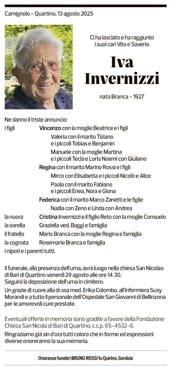 Annuncio funebre Iva Invernizzi