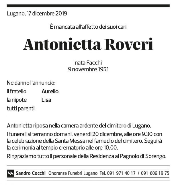 Annuncio funebre Antonietta Roveri