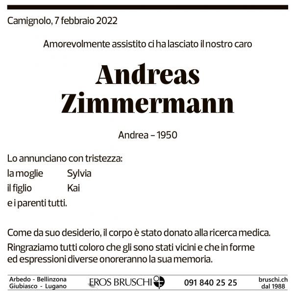 Annuncio funebre Andreas Zimmermann