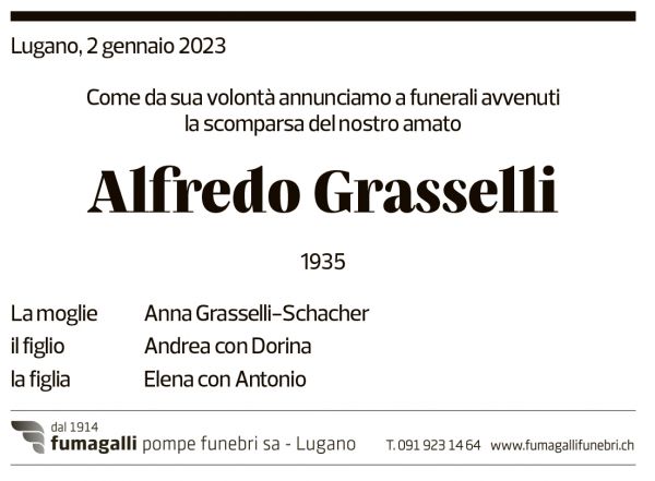 Annuncio funebre Alfredo Grasselli