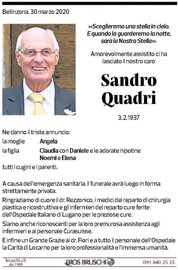 Annuncio funebre Sandro Quadri
