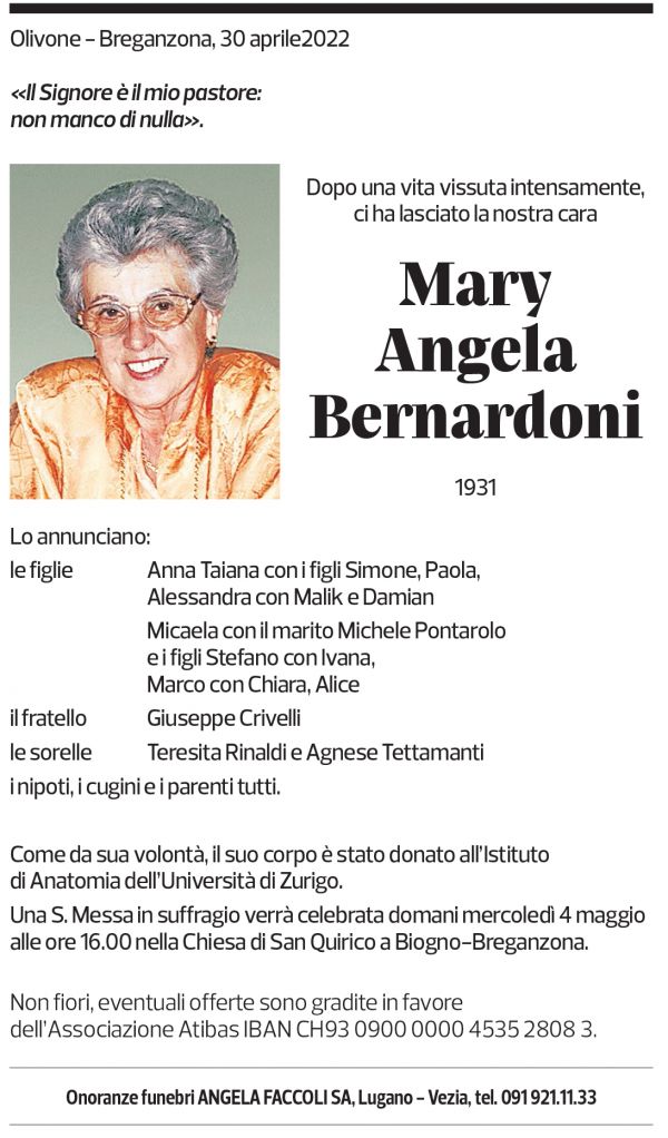 Annuncio funebre Mary Angela Bernardoni