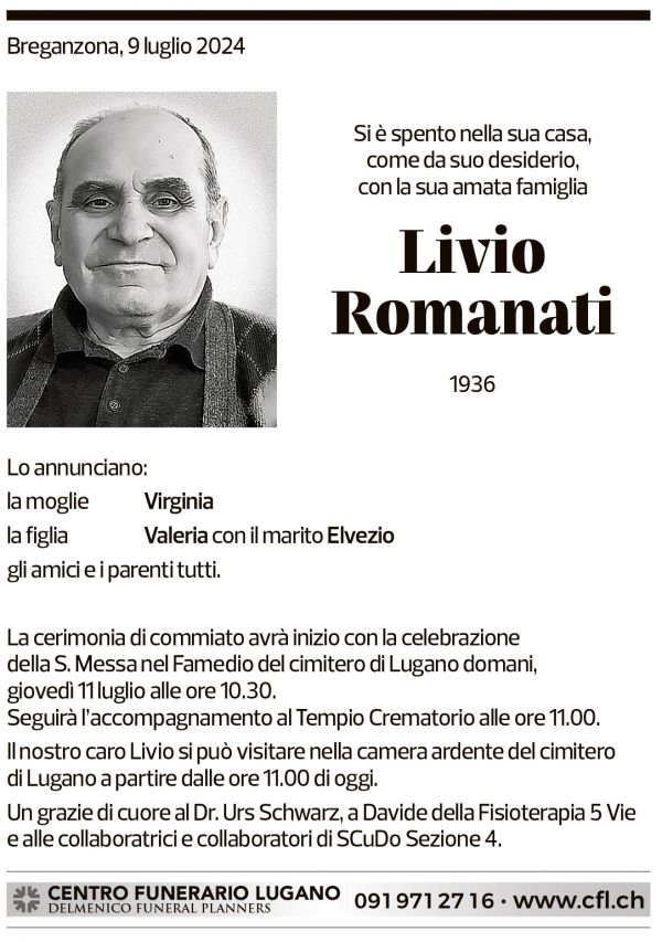 Annuncio funebre Livio Romanati