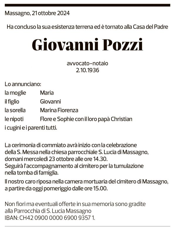 Annuncio funebre Giovanni Pozzi