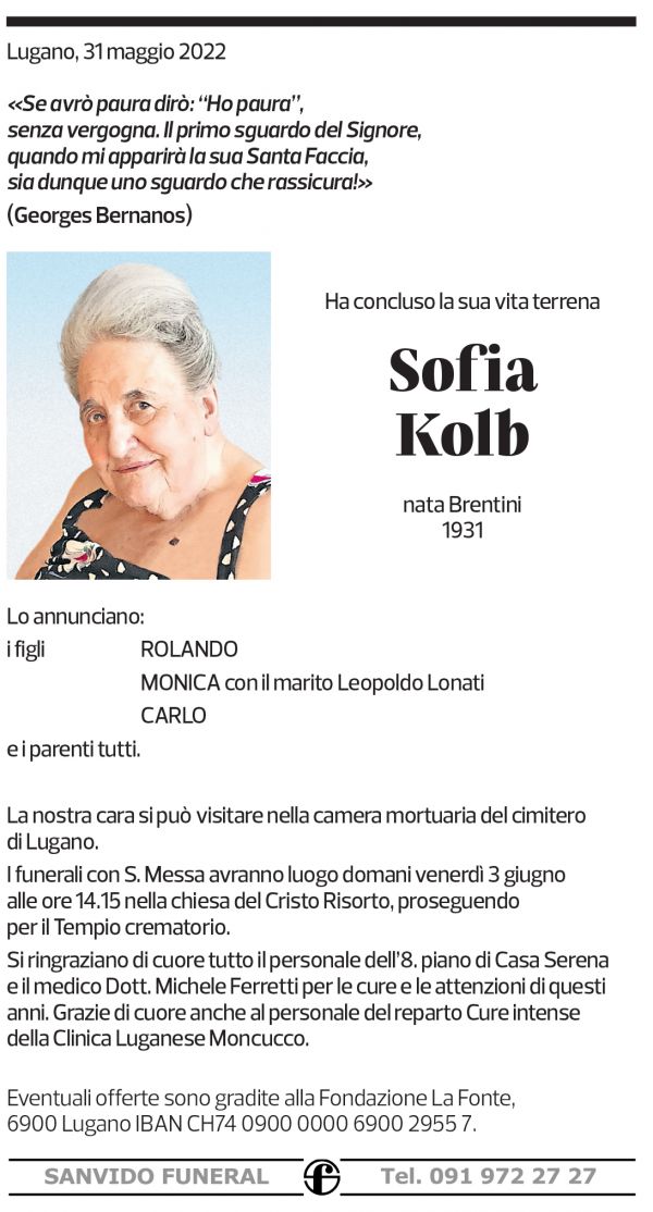 Annuncio funebre Sofia Kolb