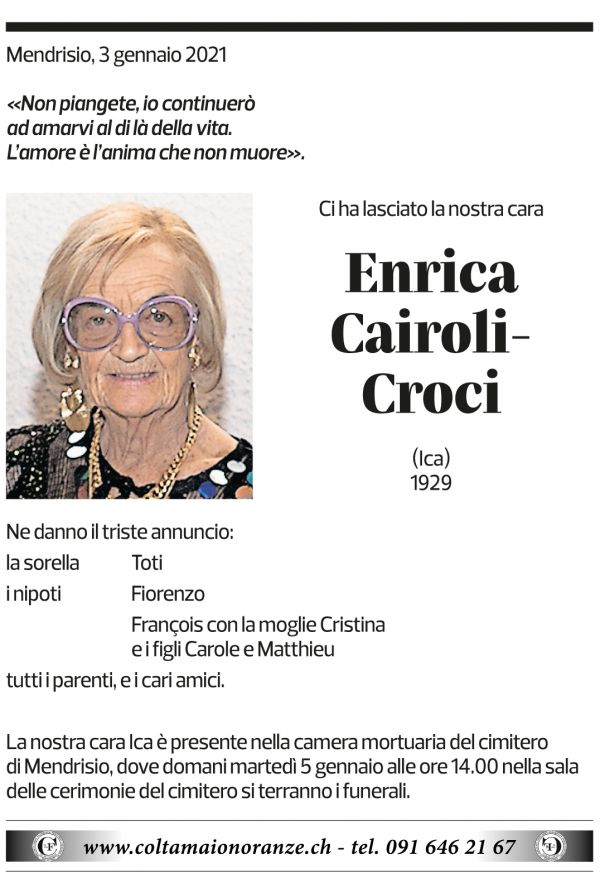Annuncio funebre Enrica Cairoli-croci