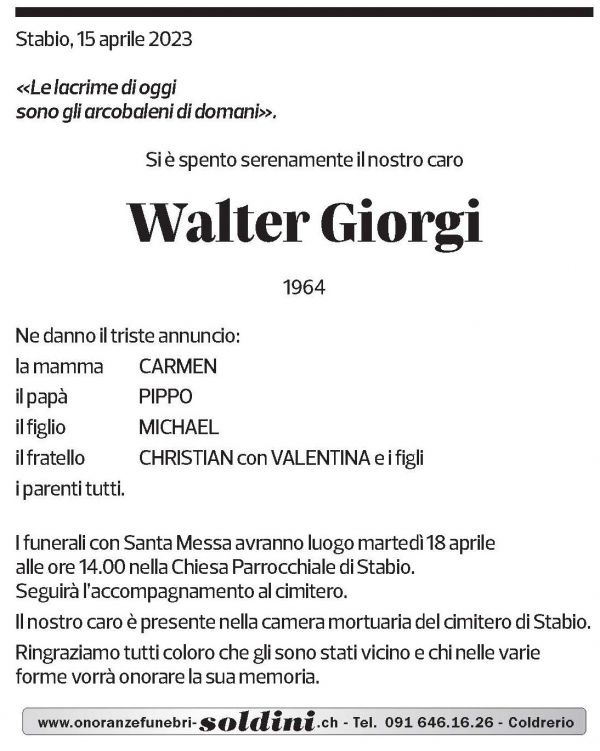 Annuncio funebre Walter Giorgi