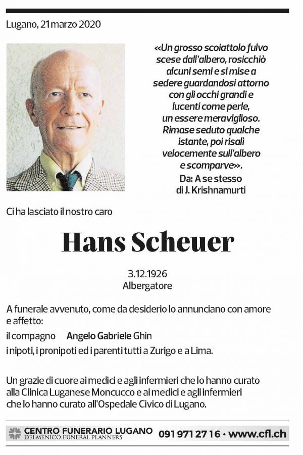 Annuncio funebre Hans Scheuer