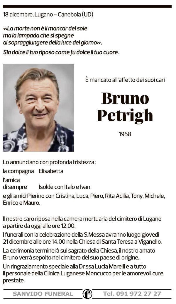 Annuncio funebre Bruno Petrigh