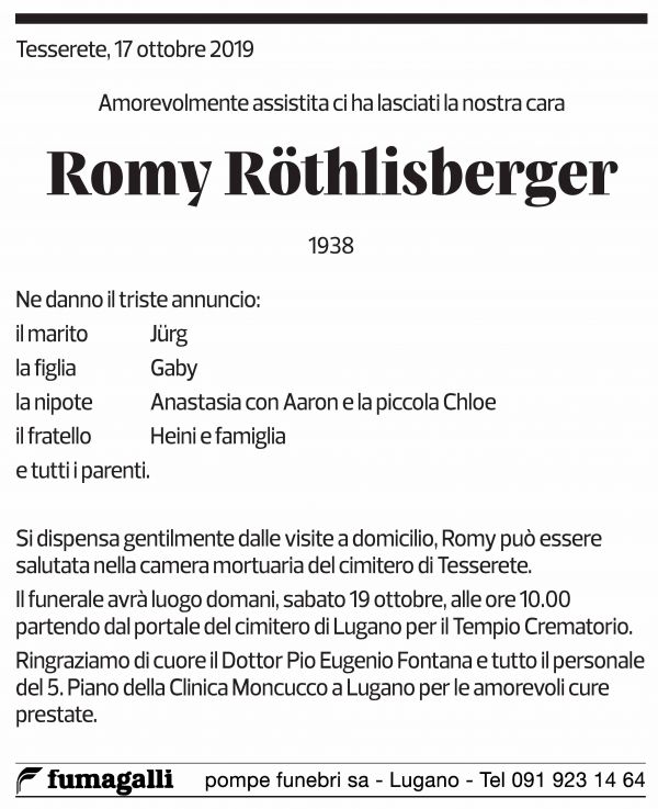 Annuncio funebre Romy Röthlisberger