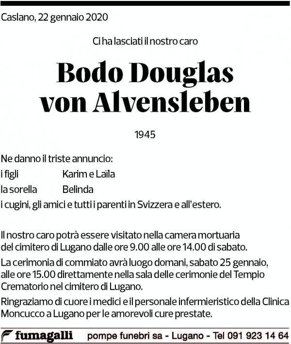 Annuncio funebre Bodo Douglas Von Alvensleben