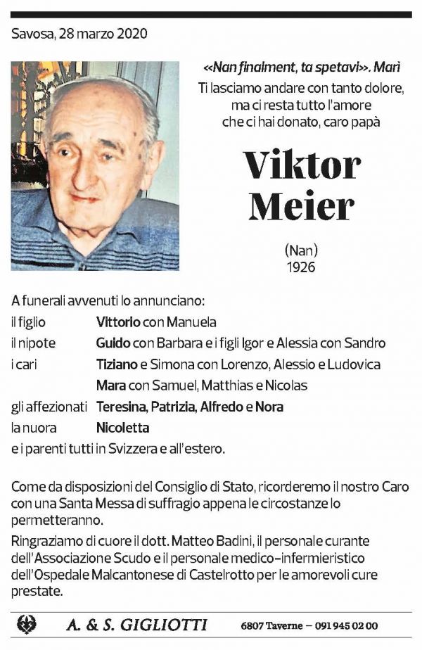 Annuncio funebre Viktor Meier