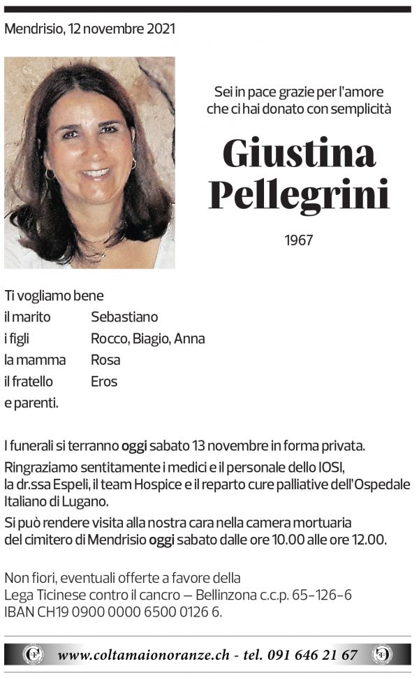 Annuncio funebre Giustina Pellegrini