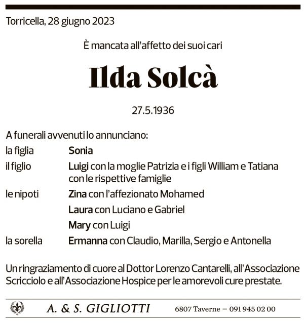 Annuncio funebre Ilda Solcà