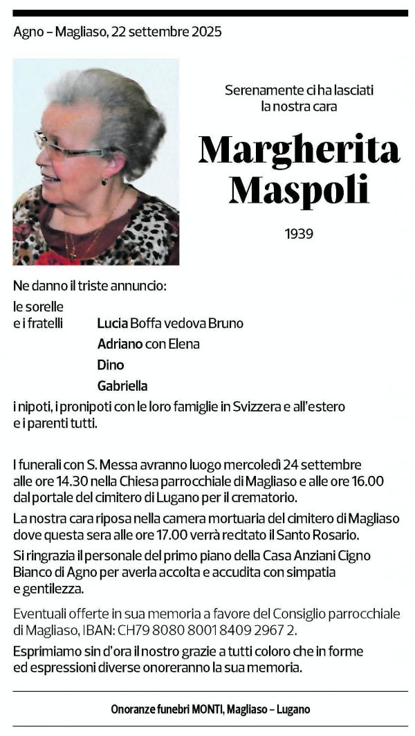 Annuncio funebre Margherita Maspoli