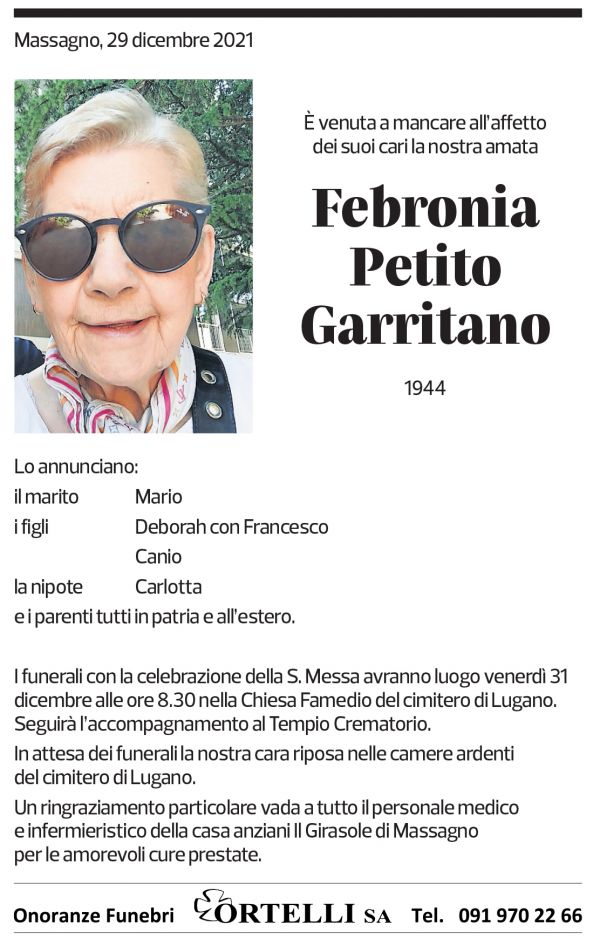 Annuncio funebre Febronia Petito Garritano