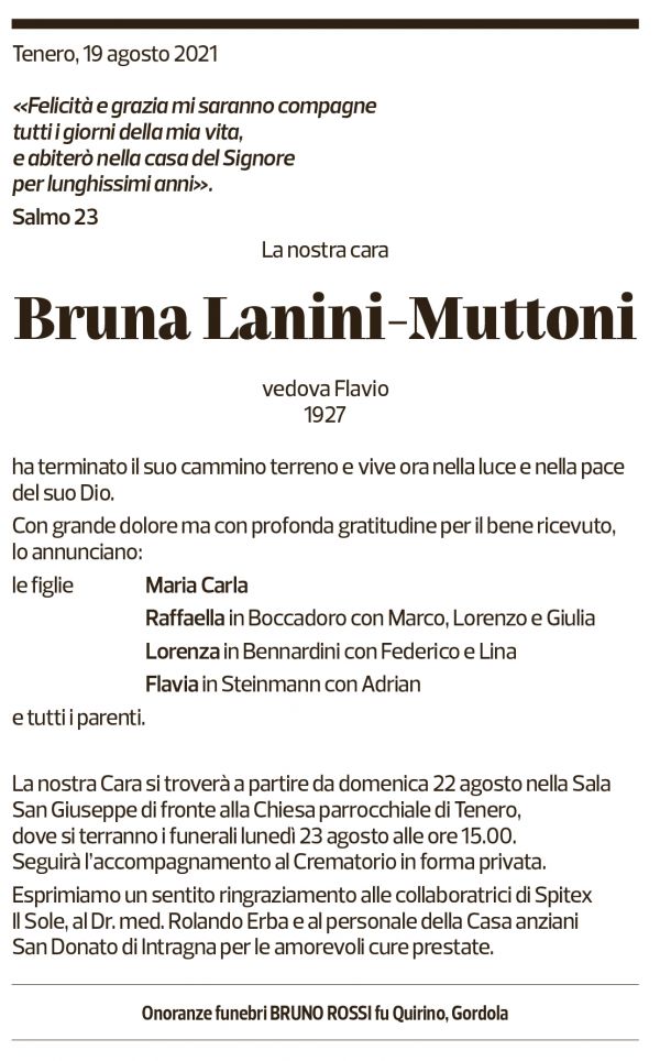 Annuncio funebre Bruna Lanini-muttoni