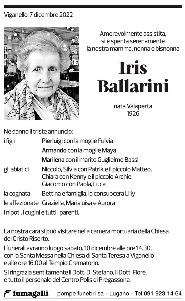 Annuncio funebre Iris Ballarini