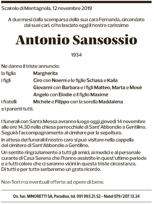 Annuncio funebre Antonio Sansossio