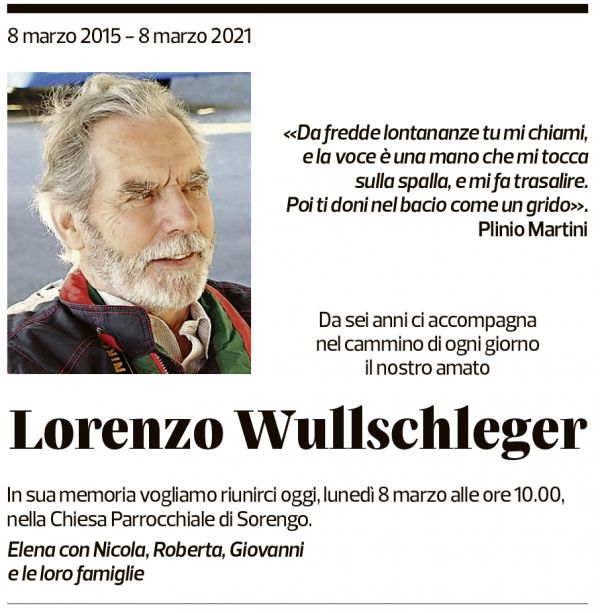 Annuncio funebre Lorenzo Wullschleger