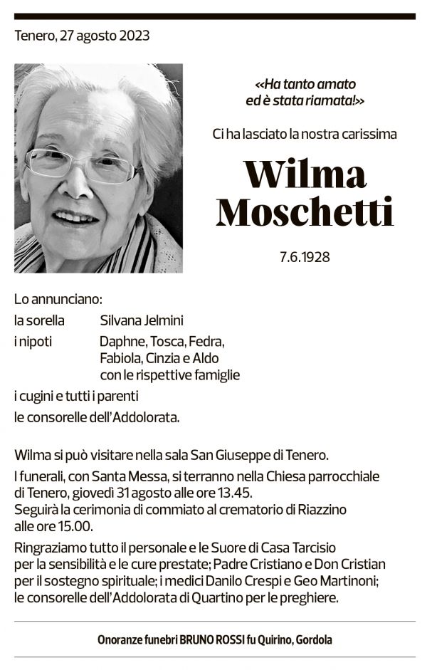 Annuncio funebre Wilma Moschetti