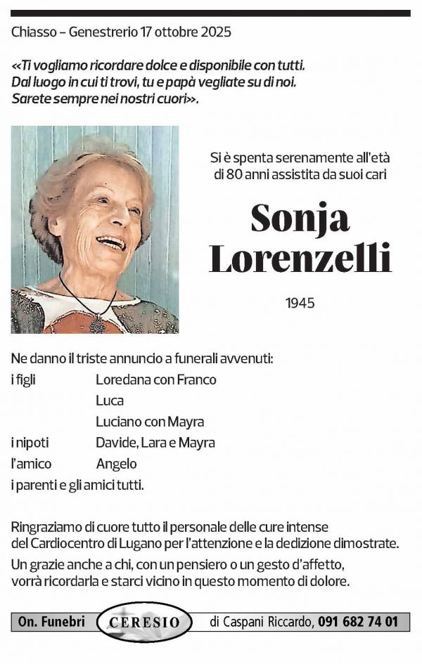 Annuncio funebre Sonja Lorenzetti