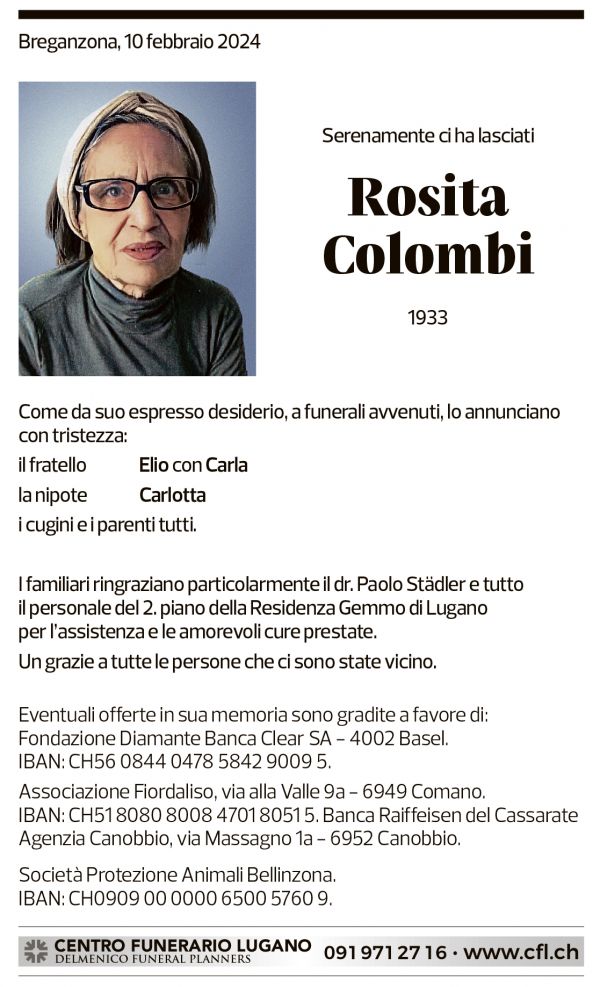 Annuncio funebre Rosita Colombi