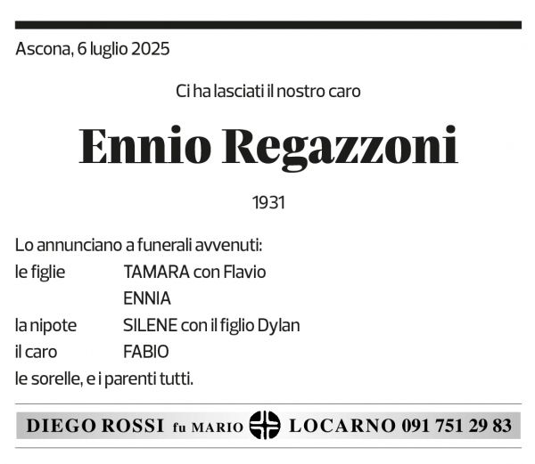 Annuncio funebre Ennio Regazzoni
