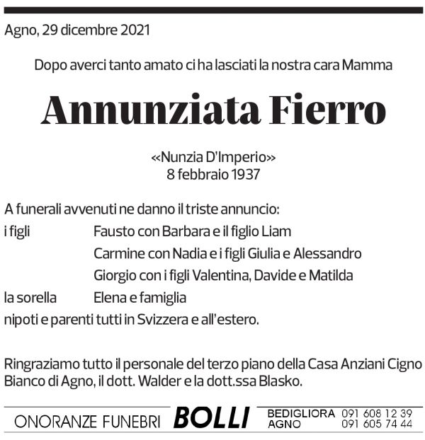 Annuncio funebre Annunziata Fierro