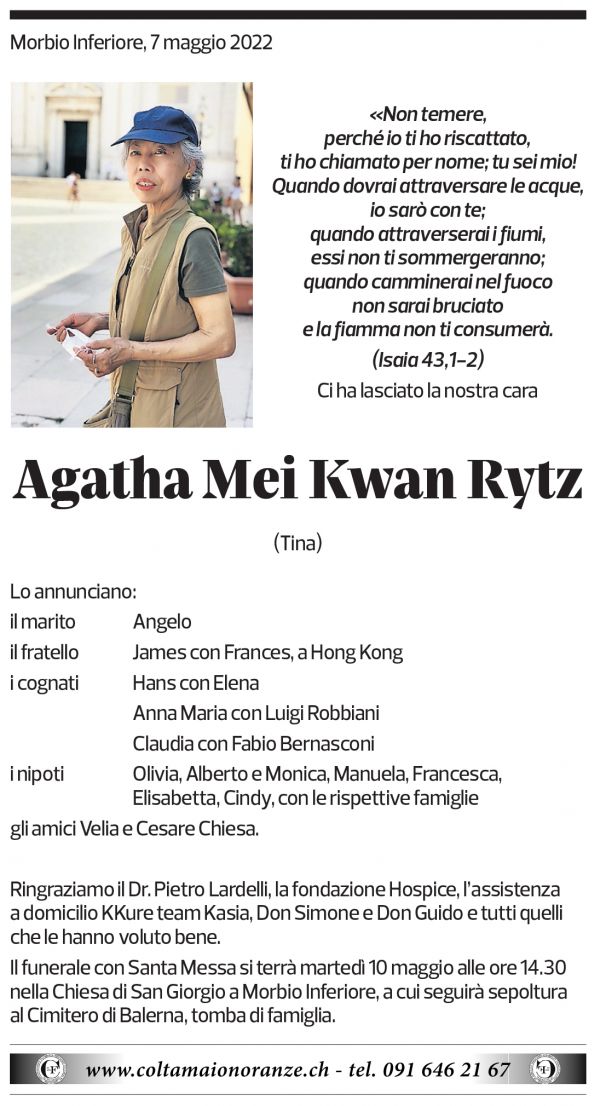 Annuncio funebre Agatha Mei Kwan Rytz