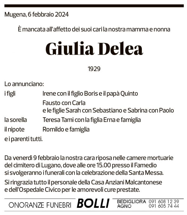 Annuncio funebre Giulia Delea