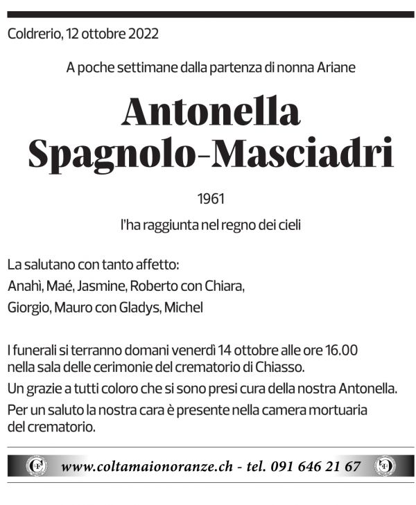 Annuncio funebre Antonella Spagnolo-masciadri