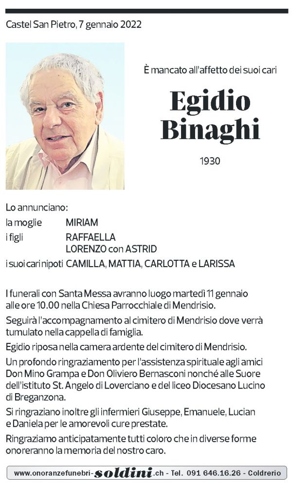 Annuncio funebre Egidio Binaghi