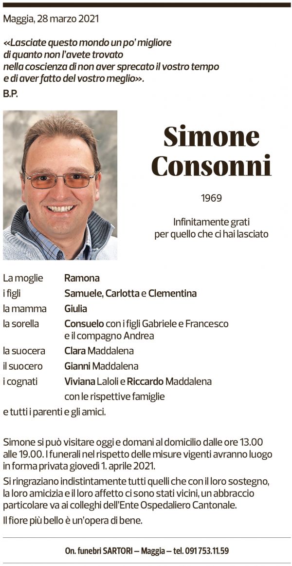 Annuncio funebre Simone Consonni