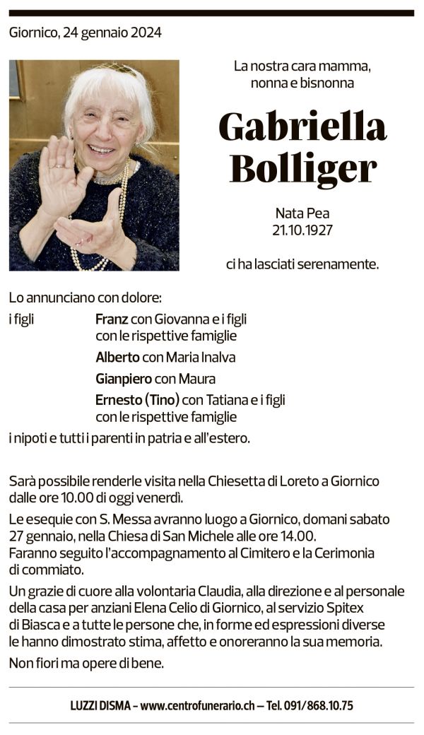 Annuncio funebre Gabriella Bolliger